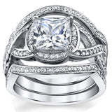 Women's 3Pc Sterling Silver Engagement Ring Bands Bridal set 2 Carat Princess-Cut Cubic Zirconia