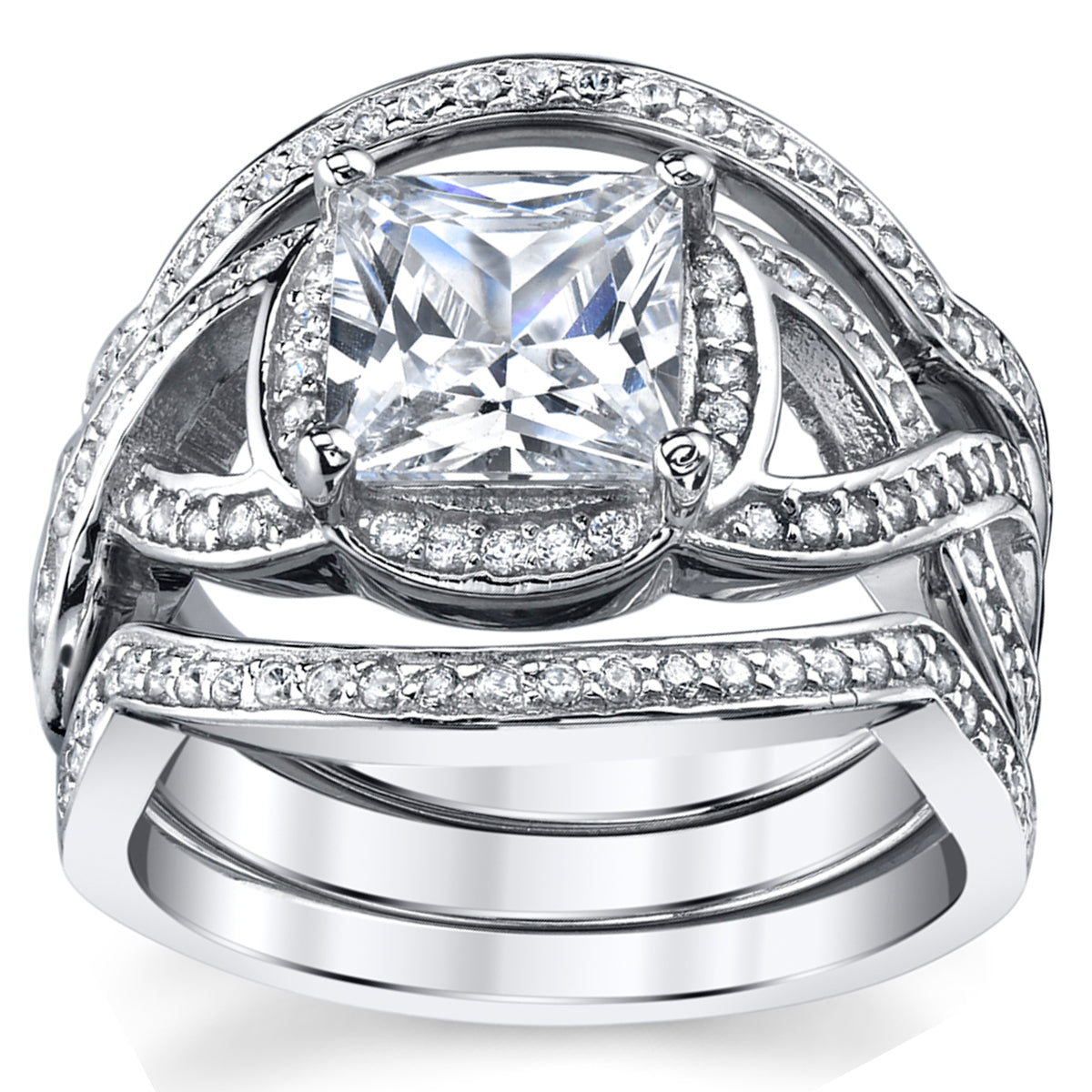 Women's 3Pc Sterling Silver Engagement Ring Bands Bridal set 2 Carat Princess-Cut Cubic Zirconia