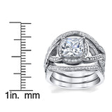 Women's 3Pc Sterling Silver Engagement Ring Bands Bridal set 2 Carat Princess-Cut Cubic Zirconia