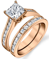 Women's Rose Tone Over Solid Sterling Silver Princess Cut Bridal Set Engagement Wedding Ring Bands Cubic Zirconia