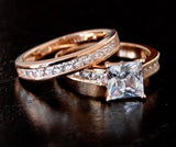 Women's Rose Tone Over Solid Sterling Silver Princess Cut Bridal Set Engagement Wedding Ring Bands Cubic Zirconia