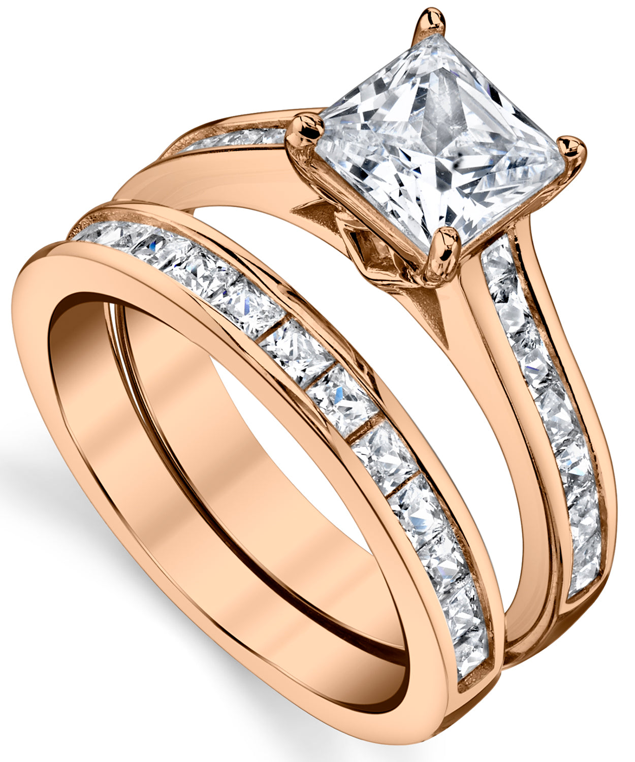 Women's Rose Tone Over Solid Sterling Silver Princess Cut Bridal Set Engagement Wedding Ring Bands Cubic Zirconia