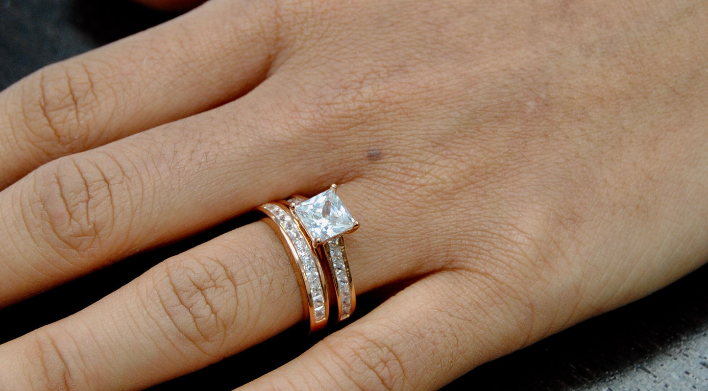 Women's Rose Tone Over Solid Sterling Silver Princess Cut Bridal Set Engagement Wedding Ring Bands Cubic Zirconia