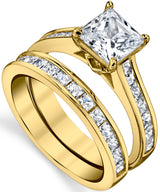 Women's Gold Tone Over Solid Sterling Silver Princess Cut Bridal Set Engagement Wedding Ring Bands Cubic Zirconia