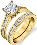 Women's Gold Tone Over Solid Sterling Silver Princess Cut Bridal Set Engagement Wedding Ring Bands Cubic Zirconia