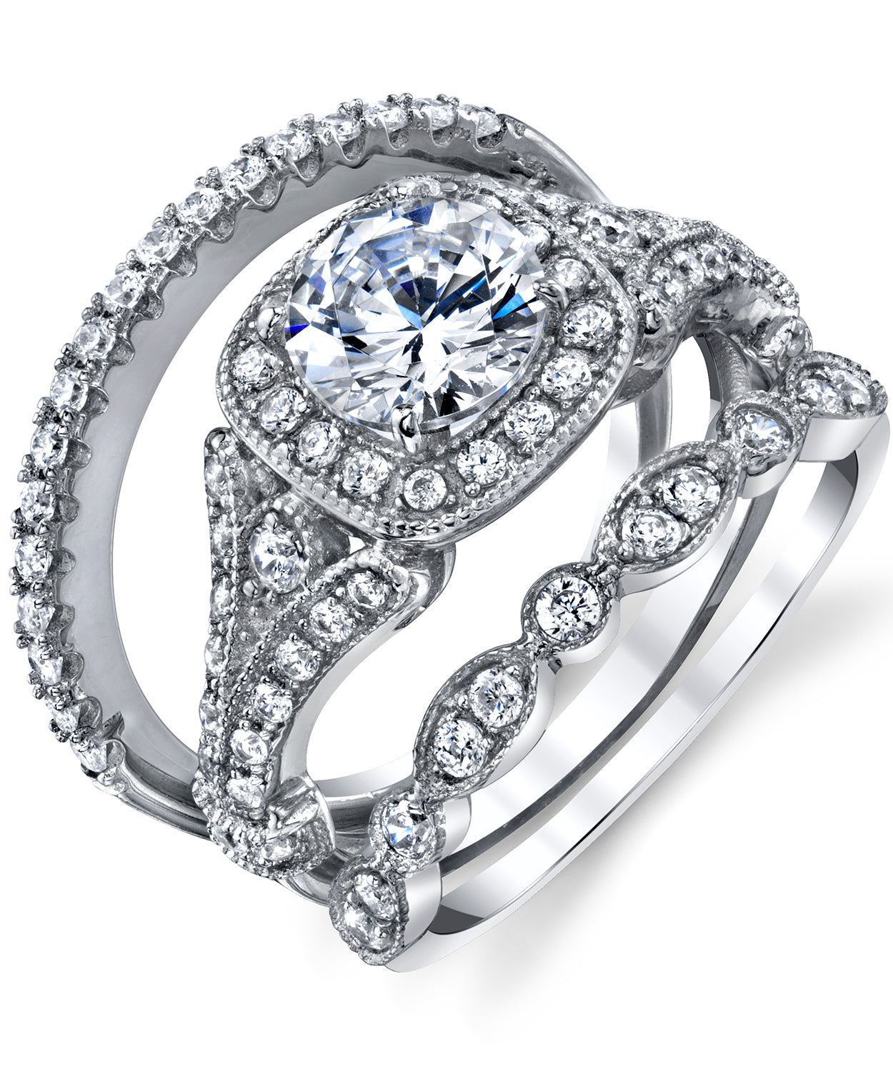 Women's Sterling Silver 925 Vintage Engagement Rings Wedding Bridal Set Round-cut Cubic Zirconia 3pcs