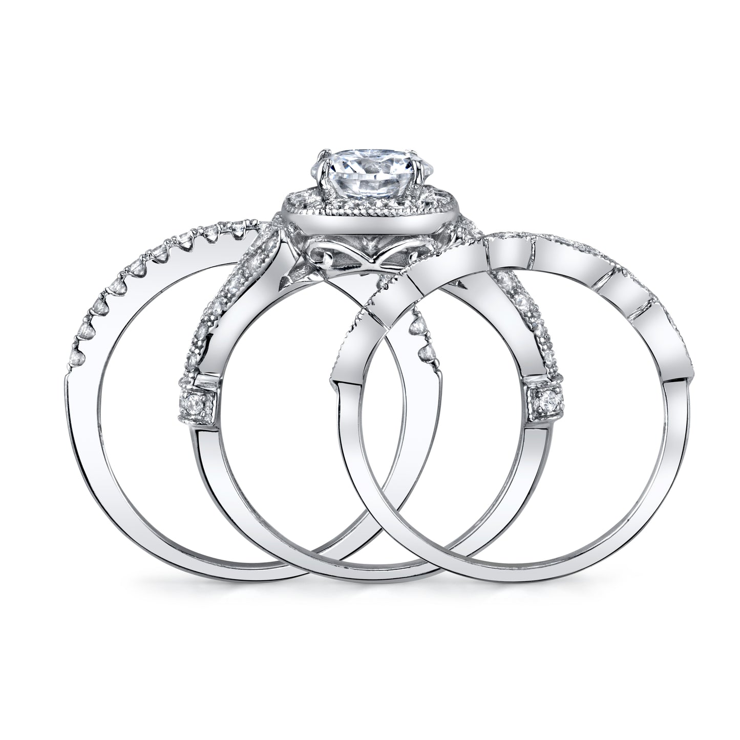 Women's Sterling Silver 925 Vintage Engagement Rings Wedding Bridal Set Round-cut Cubic Zirconia 3pcs