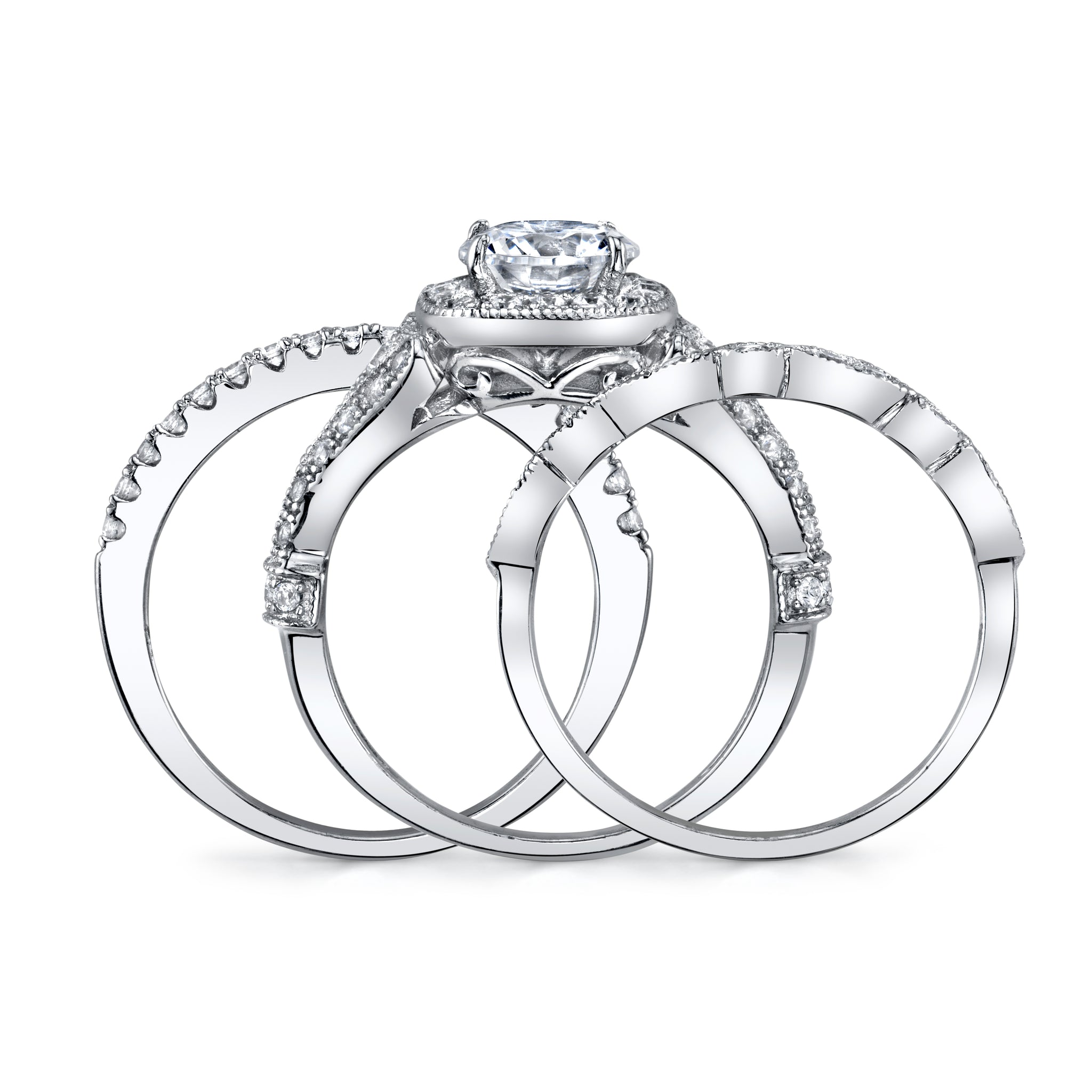 Women's Sterling Silver 925 Vintage Engagement Rings Wedding Bridal Set Round-cut Cubic Zirconia 3pcs