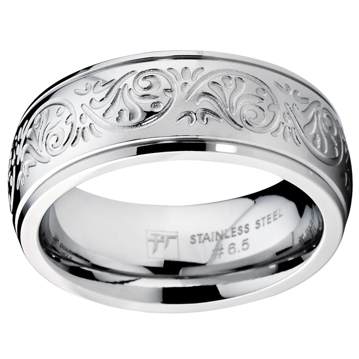 Women's 7MM Stainless Steel Ring Engraved Florentine Design Sizes 4-13