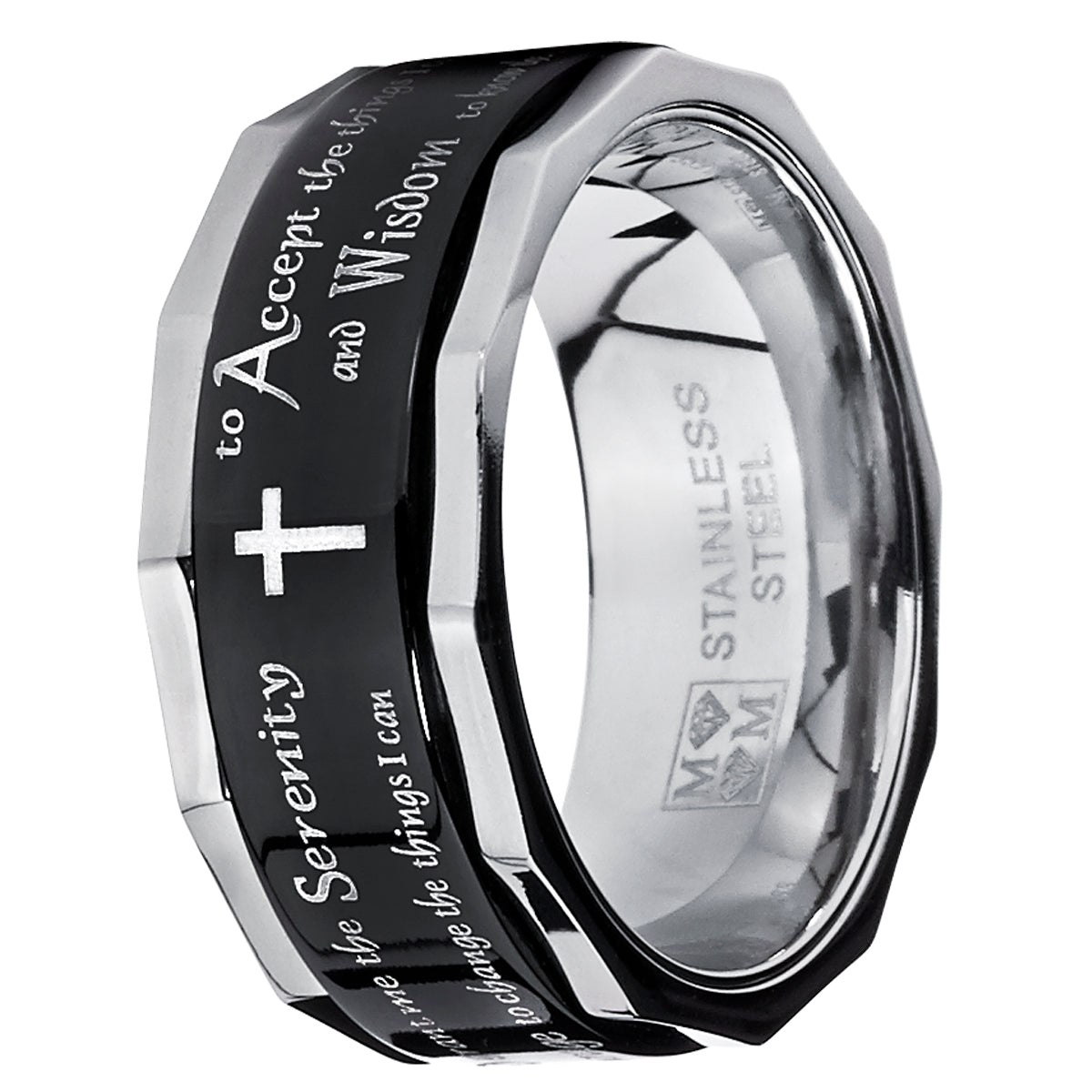 Men's Black Stainless Steel Religious Cross Serenity Prayer Spinner Ring 9MM