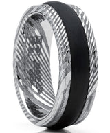Men's Ribbed REAL Damascus Steel Ring Comfort Fit Band With Solid Carbon Fiber Wedge Inlay 8mm