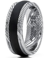 Men's Ribbed REAL Damascus Steel Ring Comfort Fit Band With Solid Carbon Fiber Wedge Inlay 8mm