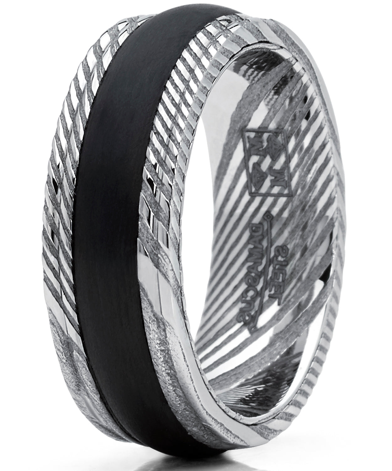 Men's Ribbed REAL Damascus Steel Ring Comfort Fit Band With Solid Carbon Fiber Wedge Inlay 8mm