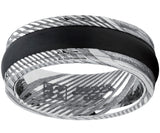 Men's Ribbed REAL Damascus Steel Ring Comfort Fit Band With Solid Carbon Fiber Wedge Inlay 8mm