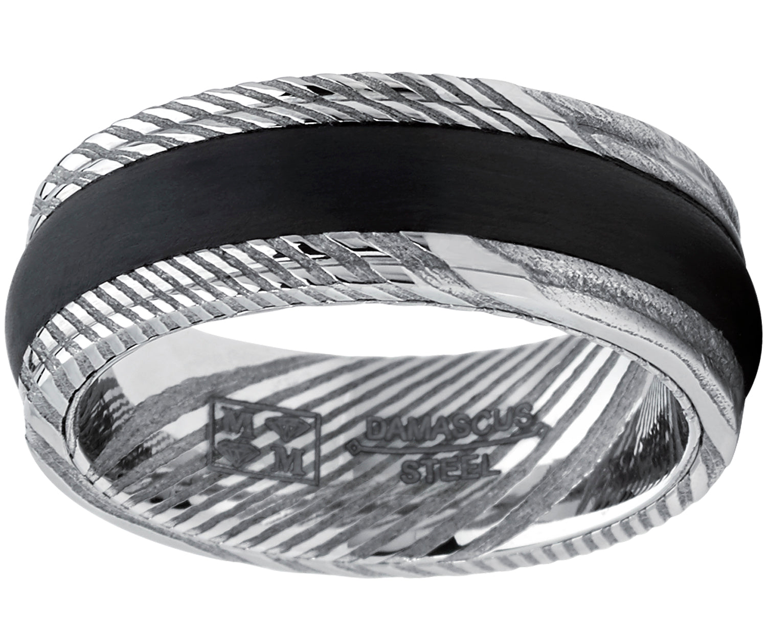 Men's Ribbed REAL Damascus Steel Ring Comfort Fit Band With Solid Carbon Fiber Wedge Inlay 8mm