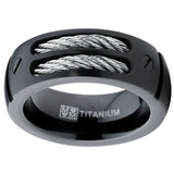 8MM Men's Black Titanium Ring Wedding Band with Stainless Steel Cables and Screw Design Sizes 7 to 13