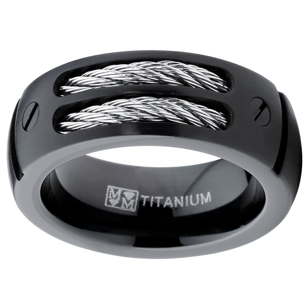 8MM Men's Black Titanium Ring Wedding Band with Stainless Steel Cables and Screw Design Sizes 7 to 13