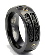 8MM Black Titanium Ring Wedding Band with Black Cubic Zirconia and Black Twisted Stainless Steel Cables Sizes 7 to 13
