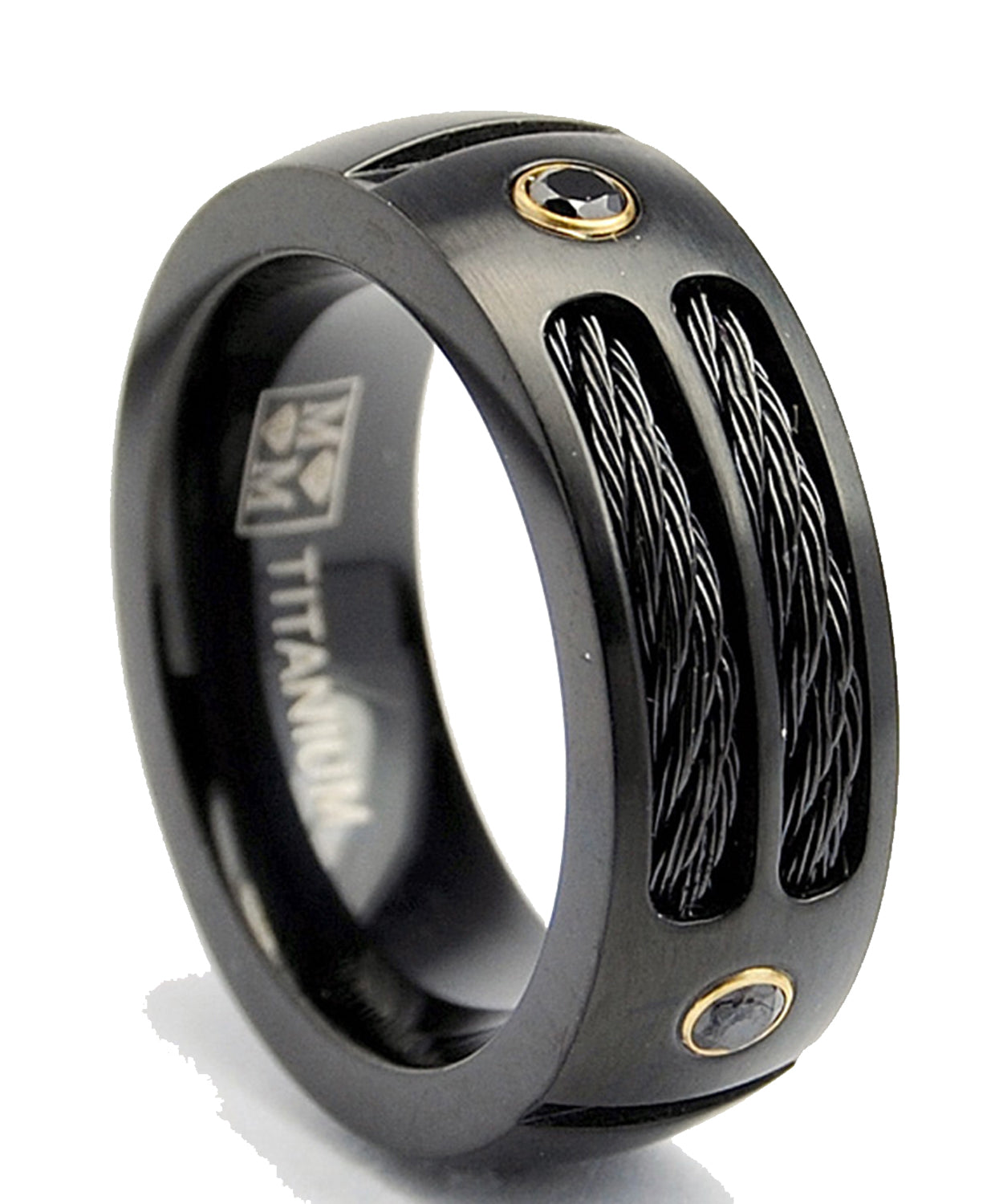 8MM Black Titanium Ring Wedding Band with Black Cubic Zirconia and Black Twisted Stainless Steel Cables Sizes 7 to 13
