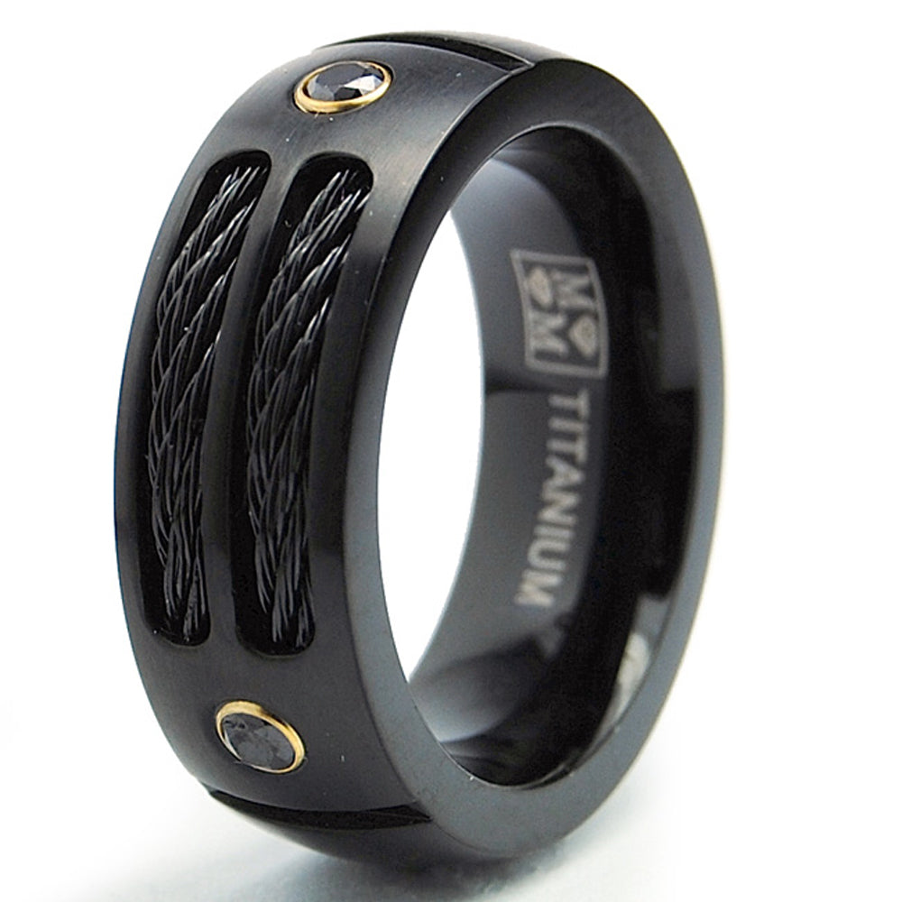 8MM Black Titanium Ring Wedding Band with Black Cubic Zirconia and Black Twisted Stainless Steel Cables Sizes 7 to 13