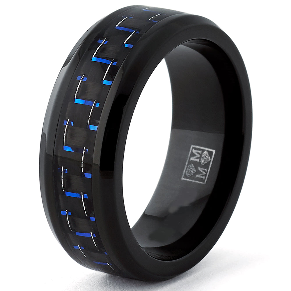 Men's Black Titanium Wedding Band Ring with Black and Blue Carbon Fiber inlay, Comfort fit 8mm, Sizes 6 to 15