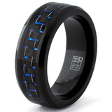 Men's Black Titanium Wedding Band Ring with Black and Blue Carbon Fiber inlay, Comfort fit 8mm, Sizes 6 to 15