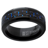 Men's Black Titanium Wedding Band Ring with Black and Blue Carbon Fiber inlay, Comfort fit 8mm, Sizes 6 to 15