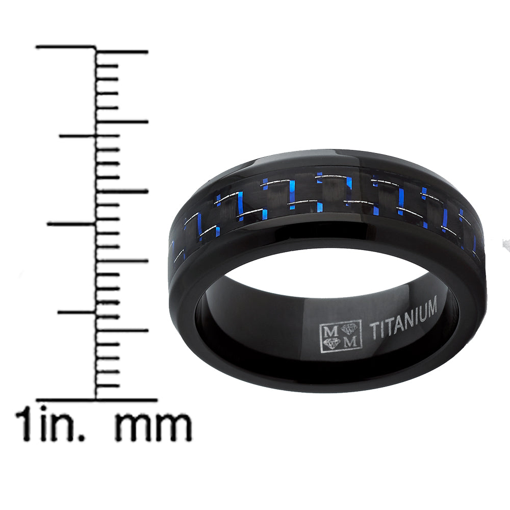 Men's Black Titanium Wedding Band Ring with Black and Blue Carbon Fiber inlay, Comfort fit 8mm, Sizes 6 to 15