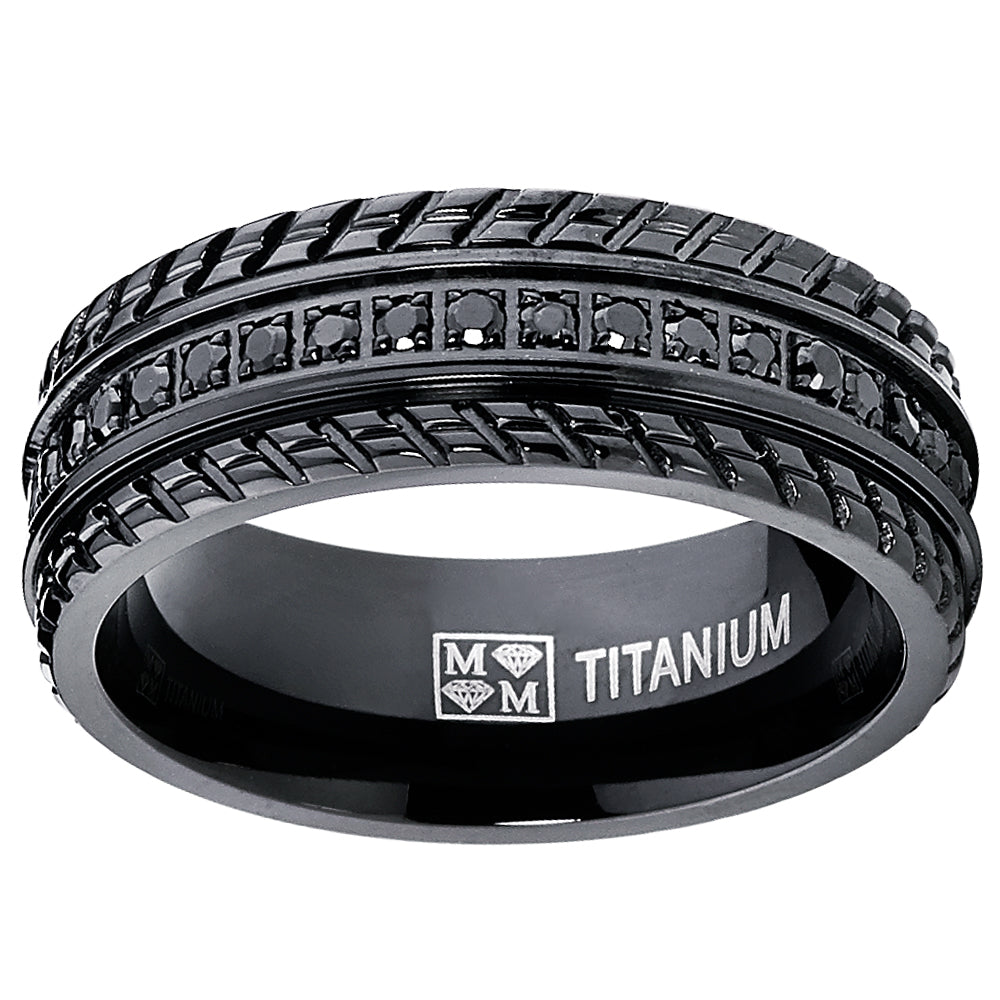 Men's Black Titanium Pave Set Wedding Band, Engagement Eternity ring, Chevron design, BK Cubic Zirconia