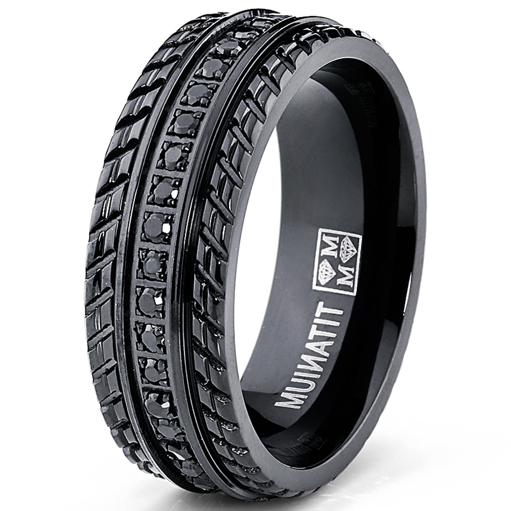 Men's Black Titanium Pave Set Wedding Band, Engagement Eternity ring, Chevron design, BK Cubic Zirconia