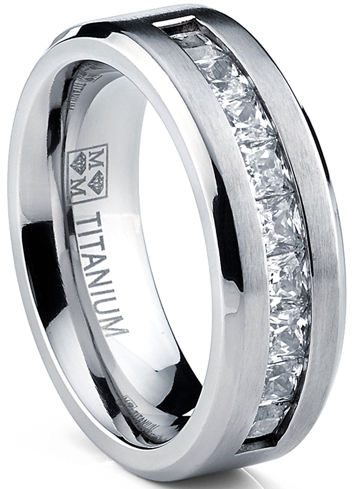 Titanium 1Ct. Men's Wedding Band Engagement Ring with 9 large Princess Cut Cubic Zirconia