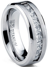 Titanium 1Ct. Men's Wedding Band Engagement Ring with 9 large Princess Cut Cubic Zirconia