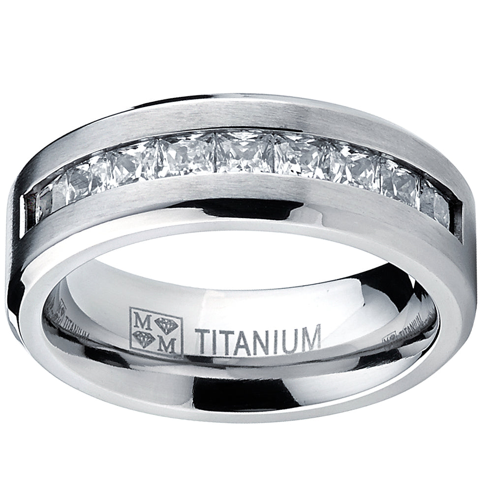 Titanium 1Ct. Men's Wedding Band Engagement Ring with 9 large Princess Cut Cubic Zirconia