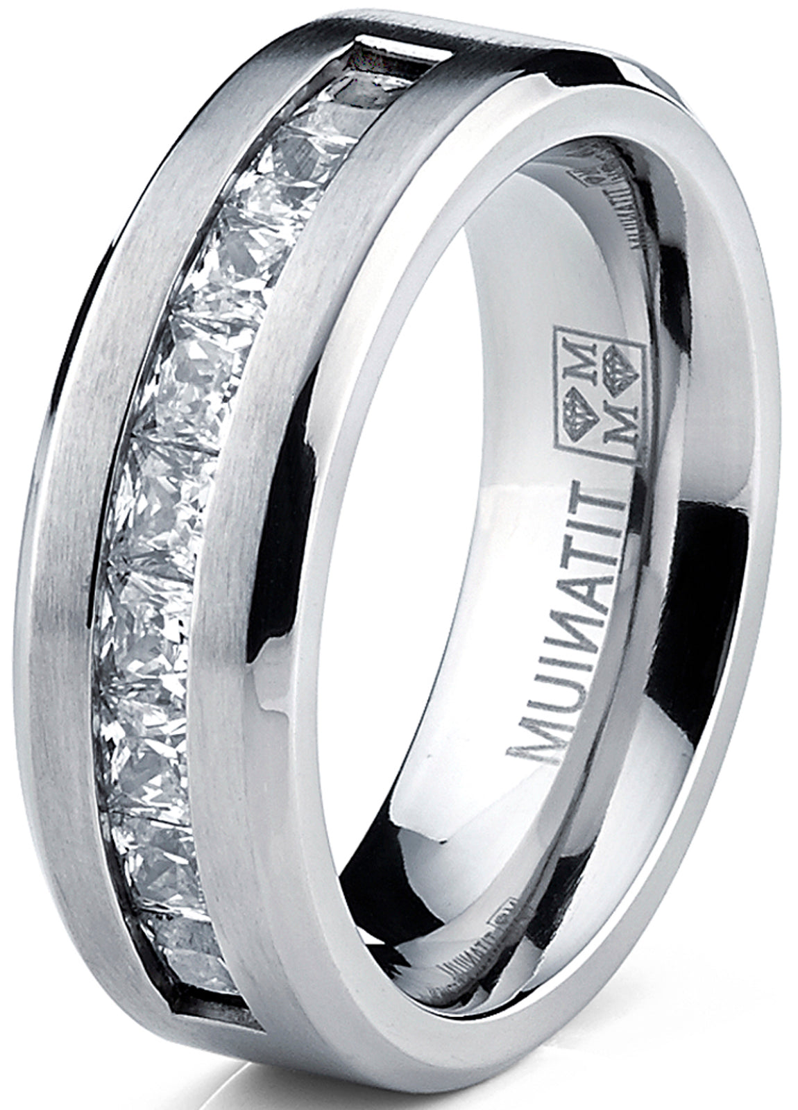 Titanium 1Ct. Men's Wedding Band Engagement Ring with 9 large Princess Cut Cubic Zirconia