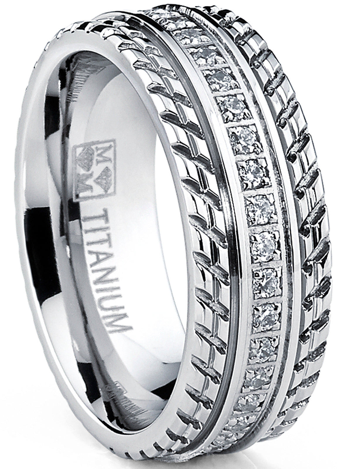 Men's Titanium Wedding Band, Engagement Eternity ring, Chevron design, Cubic Zirconia CZ Ring