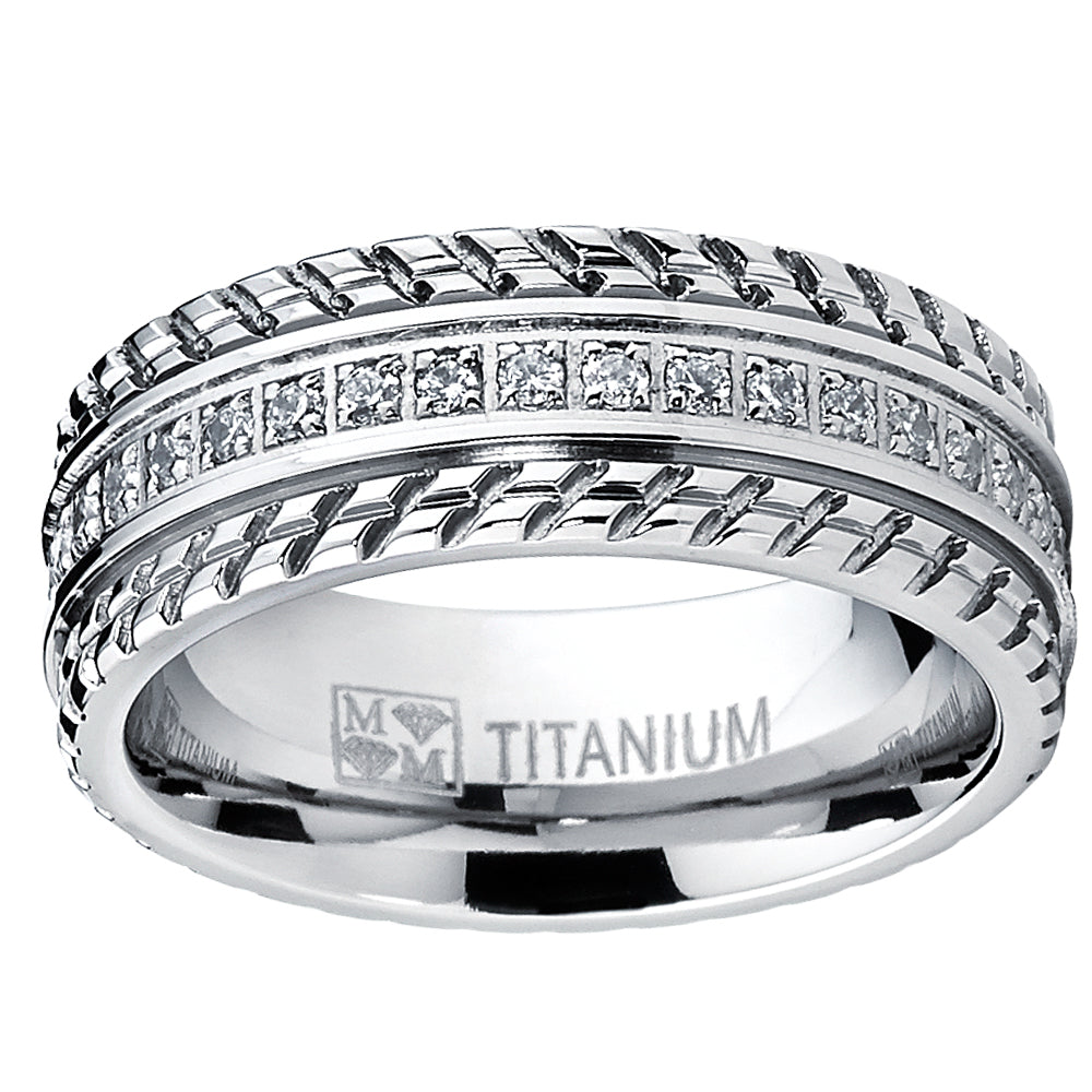 Men's Titanium Wedding Band, Engagement Eternity ring, Chevron design, Cubic Zirconia CZ Ring