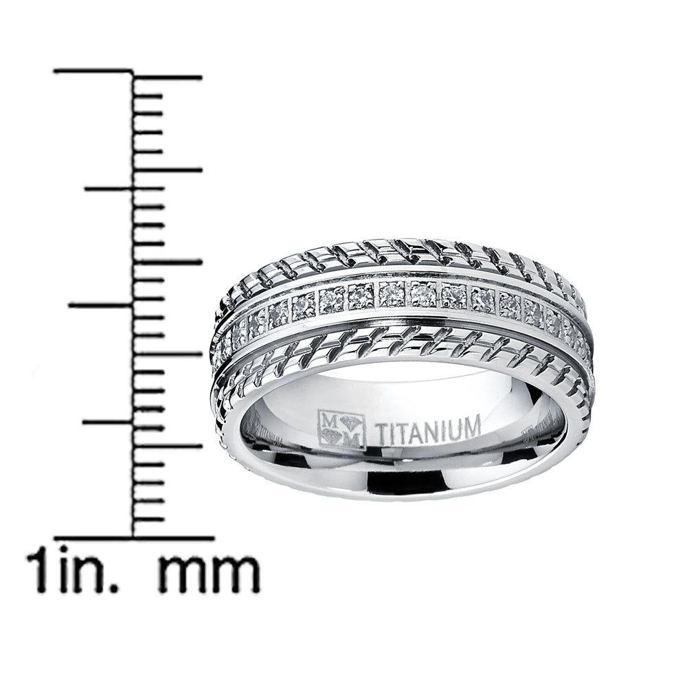 Men's Titanium Wedding Band, Engagement Eternity ring, Chevron design, Cubic Zirconia CZ Ring