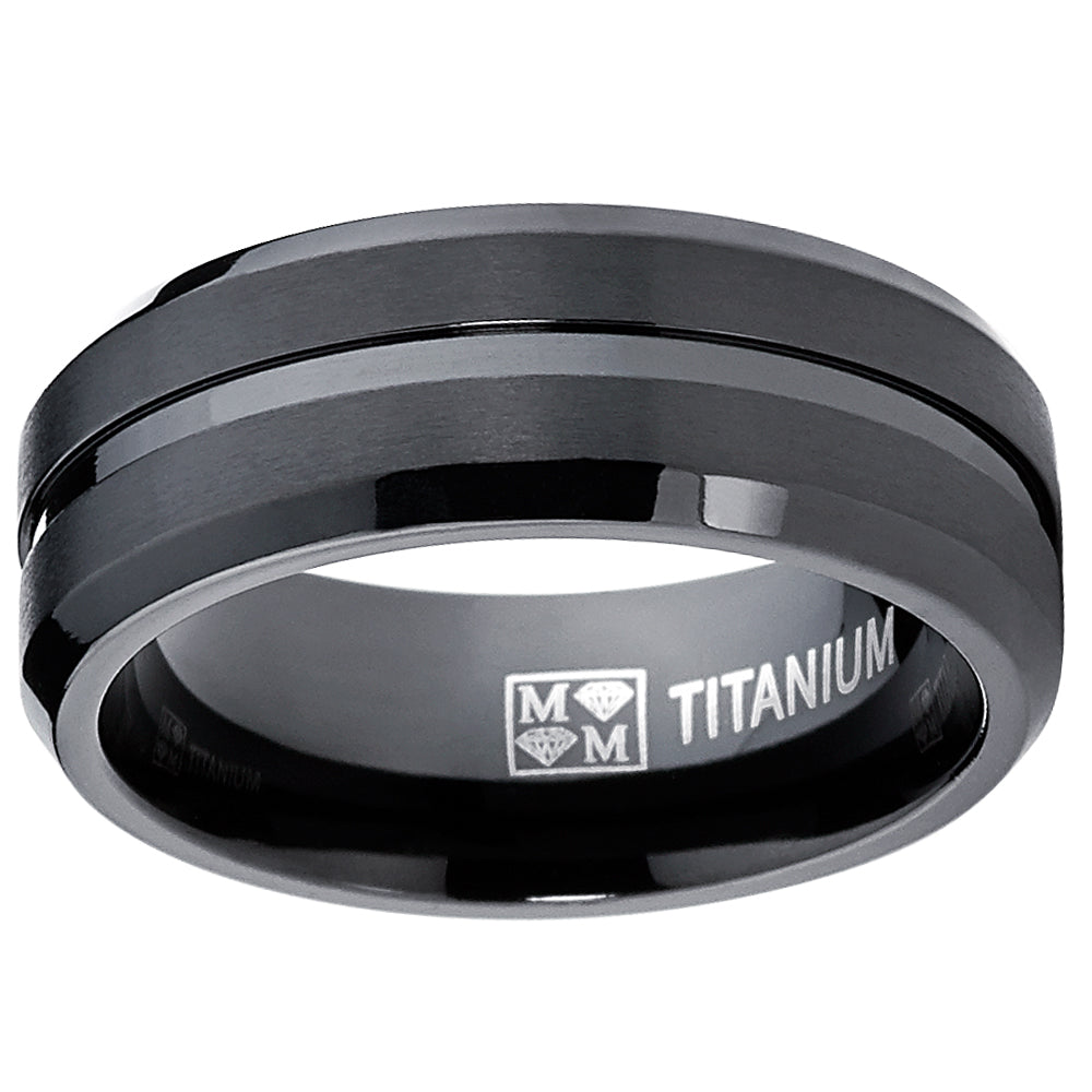 Men's Black Titanium Ring, Wedding Engagement Band, 8MM Comfort Fit Sizes 7 to 13