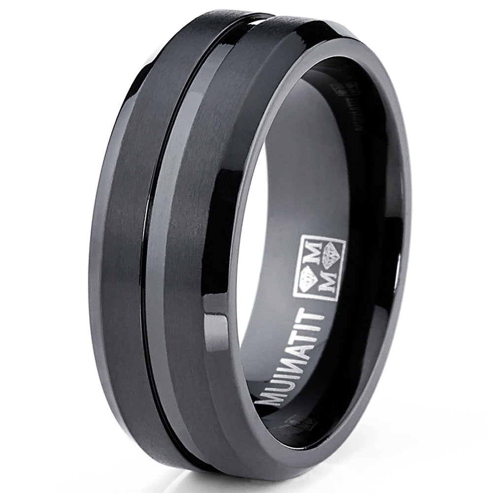 Men's Black Titanium Ring, Wedding Engagement Band, 8MM Comfort Fit Sizes 7 to 13