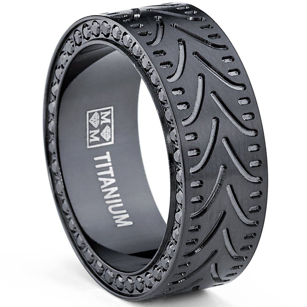Black Titanium Men's Eternity Engagement Wedding Band Ring with Black Cubic Zirconia CZ, 8mm