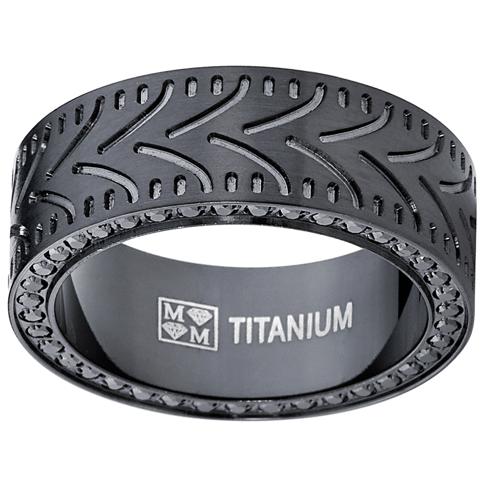 Black Titanium Men's Eternity Engagement Wedding Band Ring with Black Cubic Zirconia CZ, 8mm