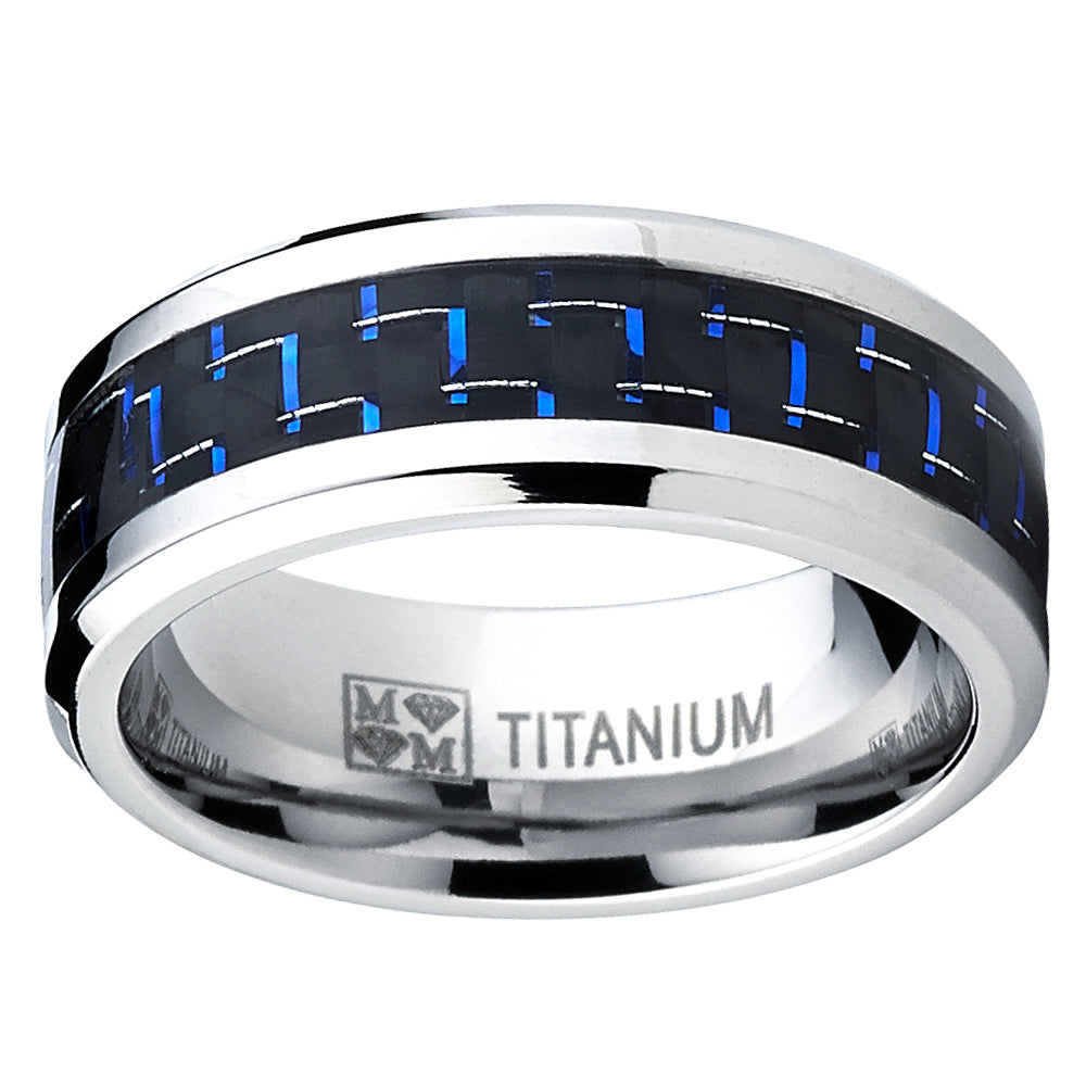 Men's Titanium Ring Wedding Engagement Band with Black and Blue Carbon Fiber Inlay, 8mm