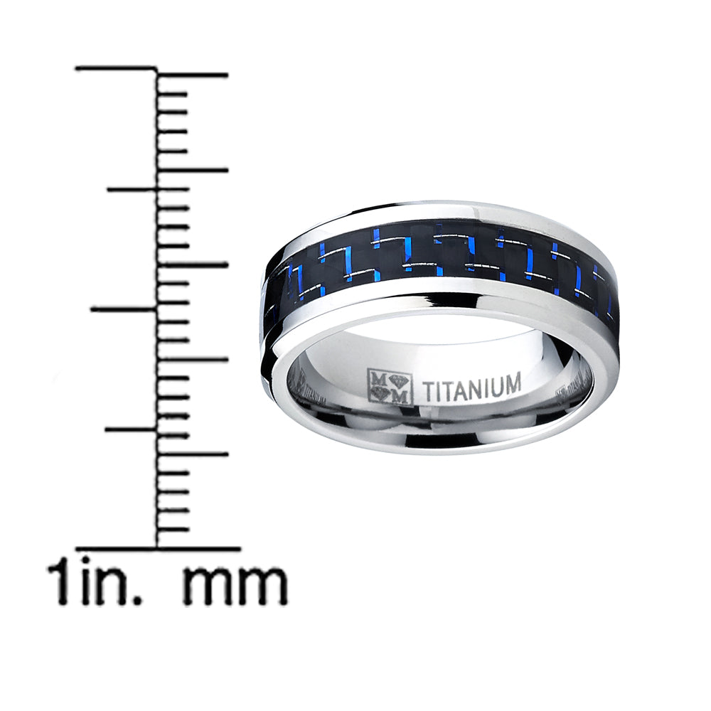 Men's Titanium Ring Wedding Engagement Band with Black and Blue Carbon Fiber Inlay, 8mm