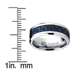 Men's Titanium Ring Wedding Engagement Band with Black and Blue Carbon Fiber Inlay, 8mm