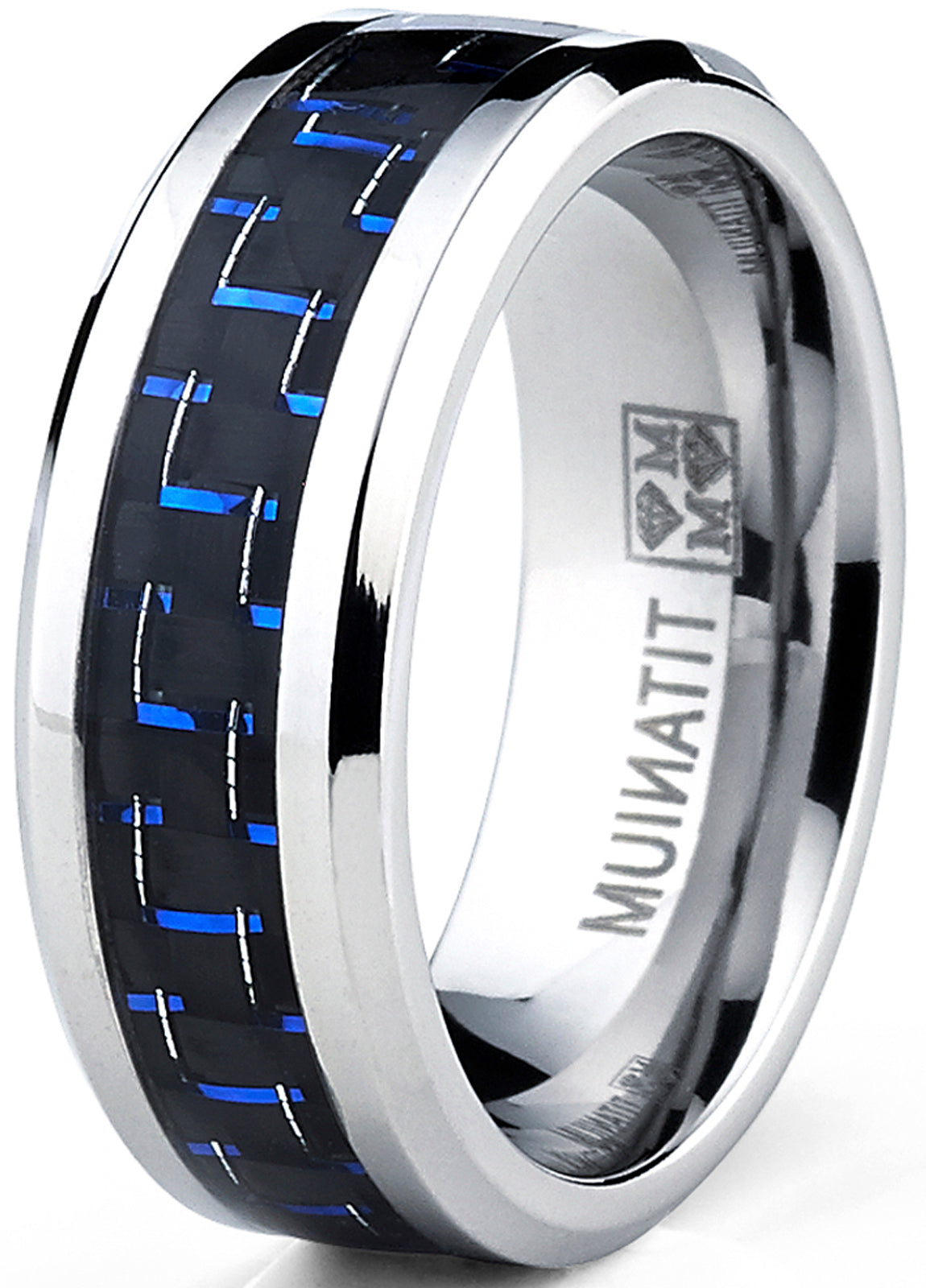 Men's Titanium Ring Wedding Engagement Band with Black and Blue Carbon Fiber Inlay, 8mm