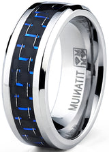 Men's Titanium Ring Wedding Engagement Band with Black and Blue Carbon Fiber Inlay, 8mm