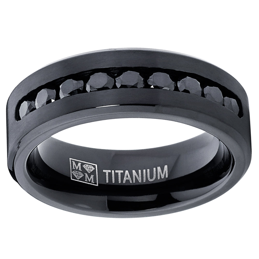 Men's Black Titanium Ring Wedding Engagement Band With 9 Large Channel Set Black CZ, 8mm