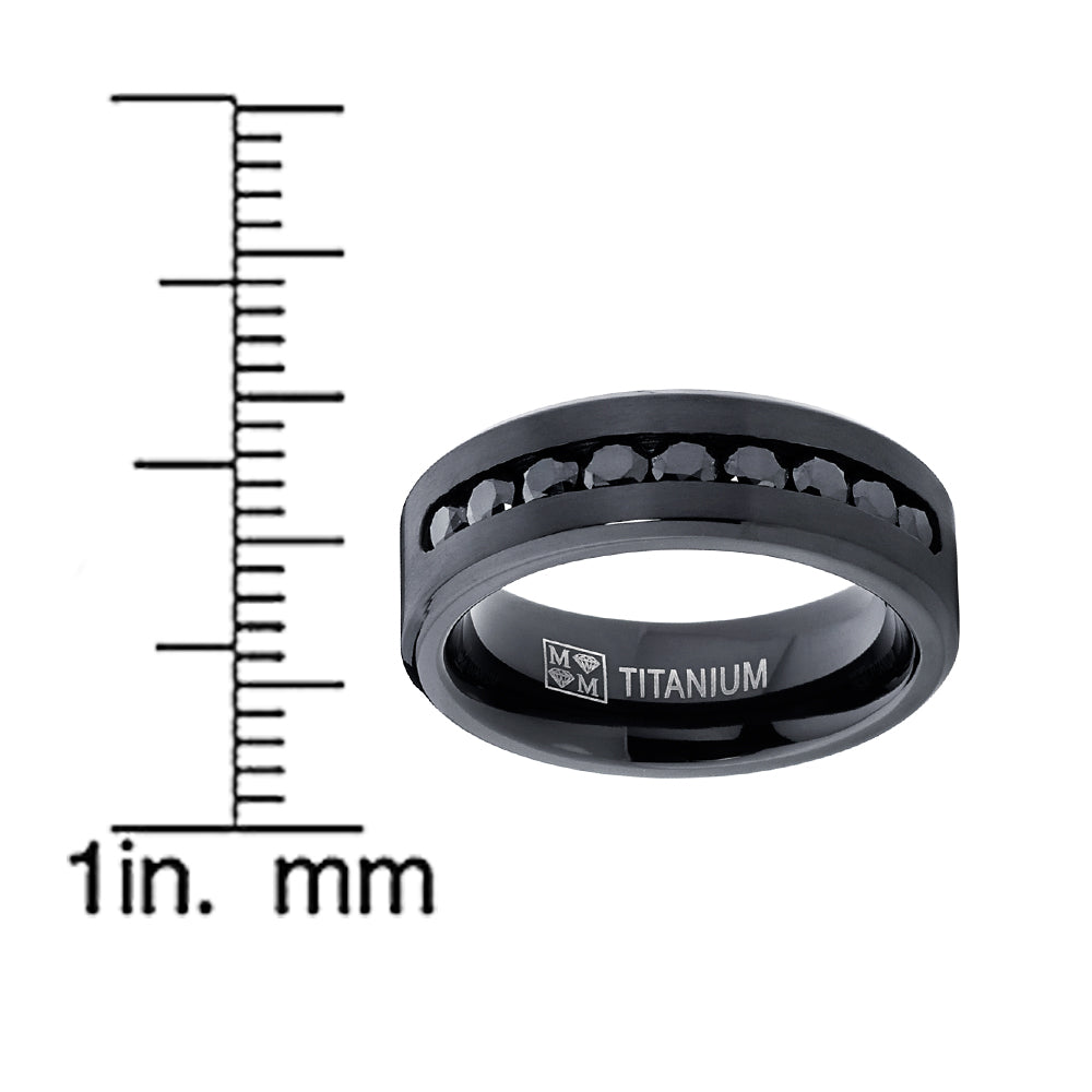 Men's Black Titanium Ring Wedding Engagement Band With 9 Large Channel Set Black CZ, 8mm