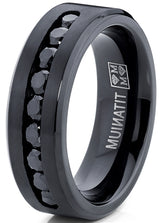 Men's Black Titanium Ring Wedding Engagement Band With 9 Large Channel Set Black CZ, 8mm