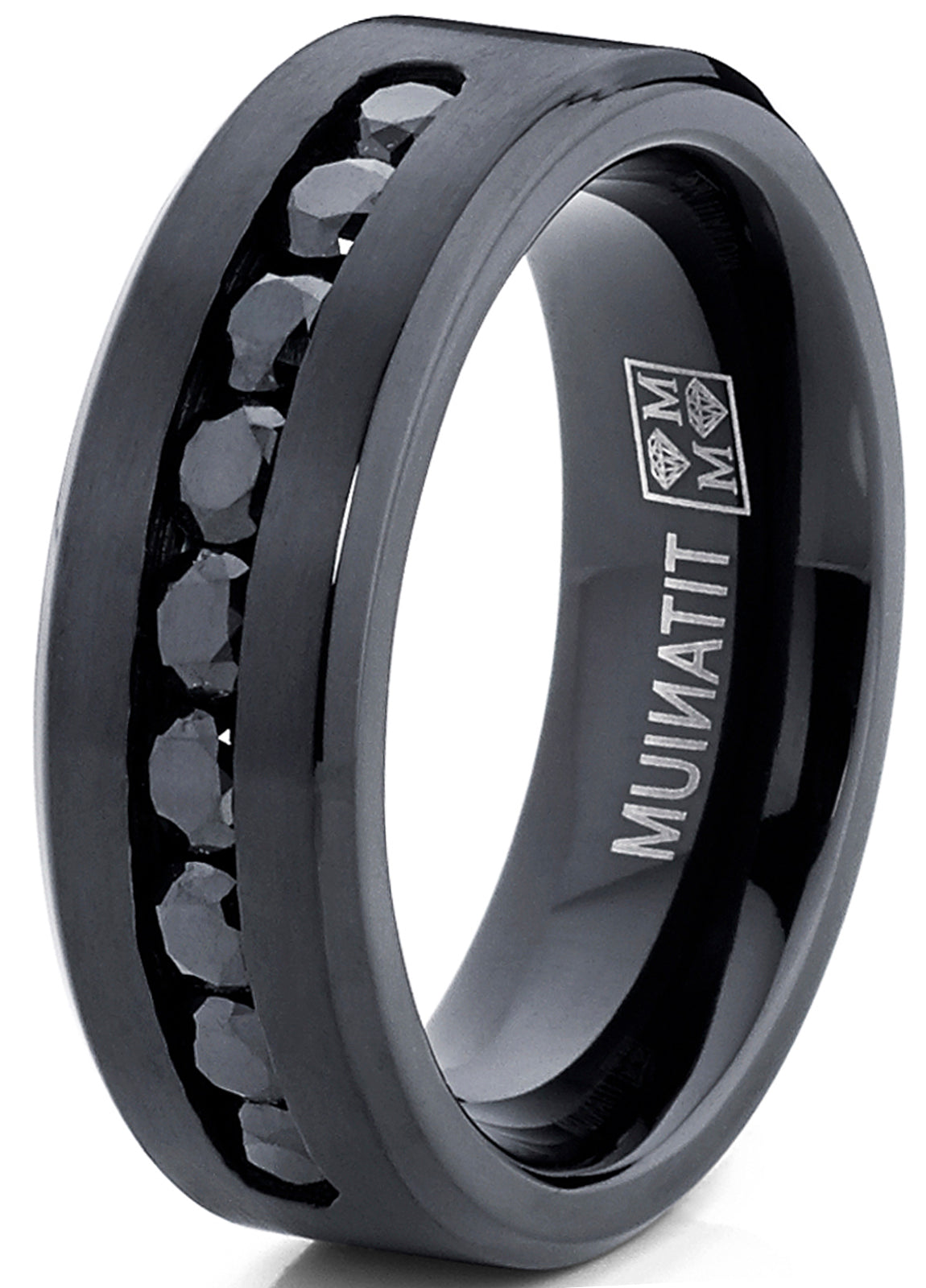Men's Black Titanium Ring Wedding Engagement Band With 9 Large Channel Set Black CZ, 8mm